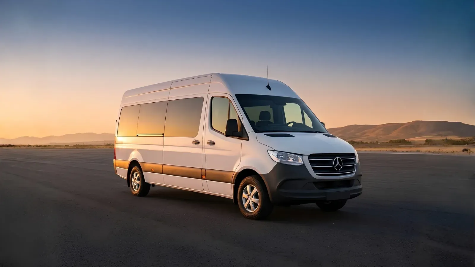 Gün batımında Mercedes-Benz Sprinter, önden/yandan sinematik çekim