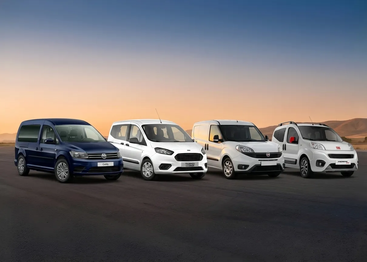 Gün batımında yan yana Volkswagen Caddy, Ford Tourneo Courier, Fiat Doblo ve Fiat Fiorino
